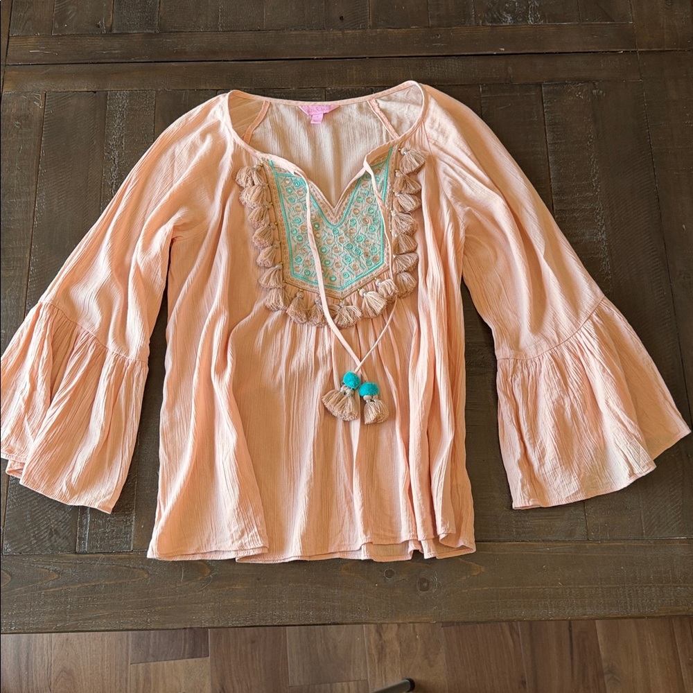 Lilly Pulitzer Embroidered Shandy Top with Tassels in Peach Size S Women’s Boho